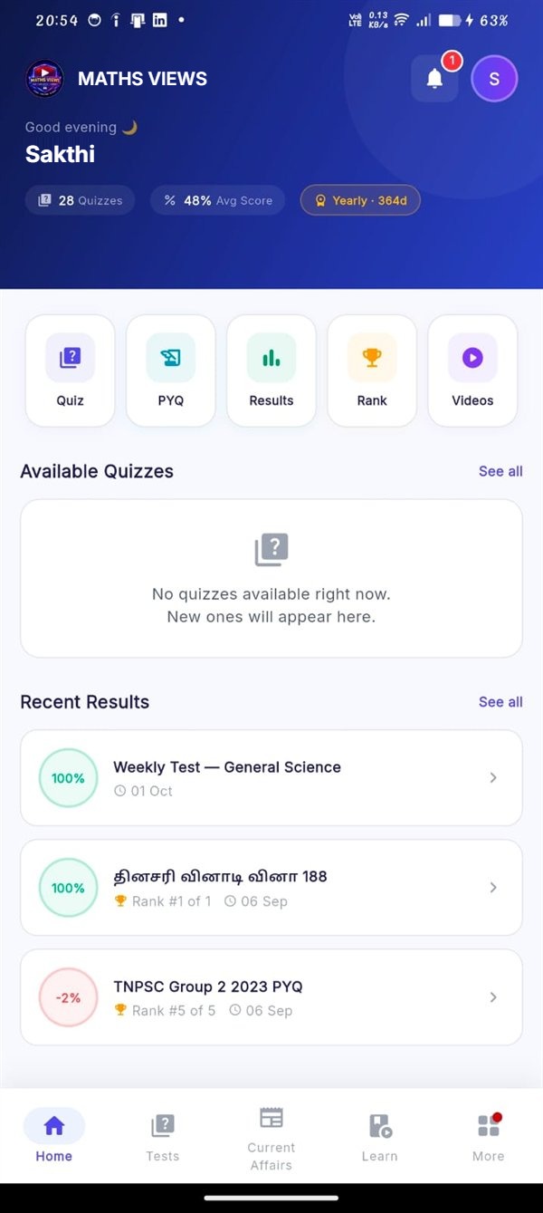 TN Exam Prep student app home screen with the MATHS VIEWS logo, quiz count, average score and recent results
