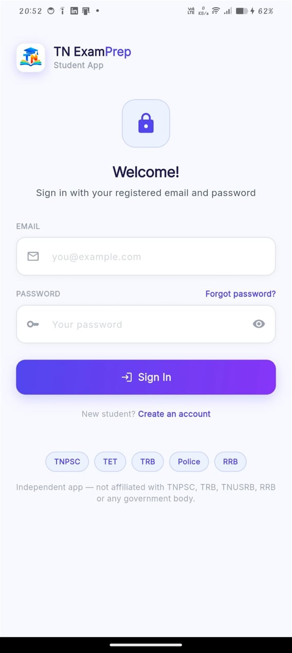 Student app sign-in screen with exam category chips