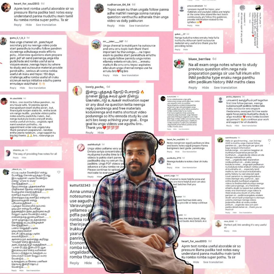 MATHS VIEWS founder surrounded by student testimonial comments
